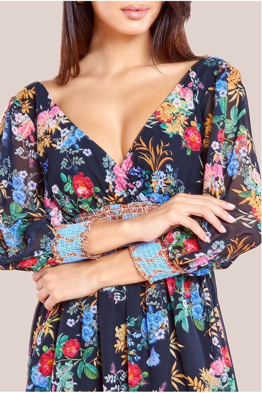 Chiffon Wrap Border Floral Print Midi Dress - Black DR4333