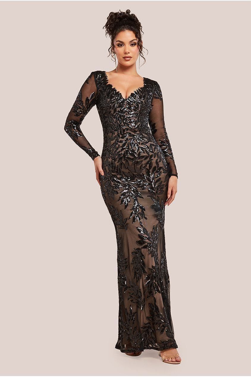 Sequin Leaf Long Sleeve Maxi Dress - Black DR4359