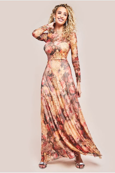 Printed Soft Mesh A-Line Maxi Dress - Orange by Goddiva