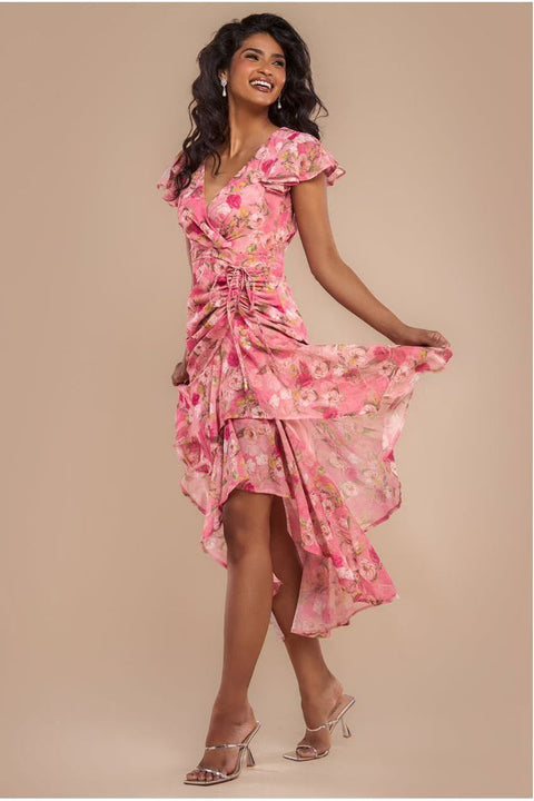 Floral Wrap High And Low Midaxi Dress - Pink by Goddiva