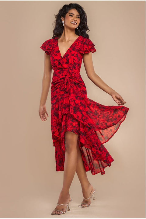 Floral Wrap High And Low Midaxi Dress - Red by Goddiva