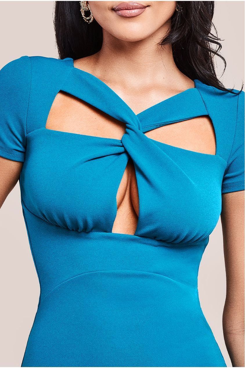 Scuba Crepe Twist Cutout Maxi Dress - Teal Blue DR4374