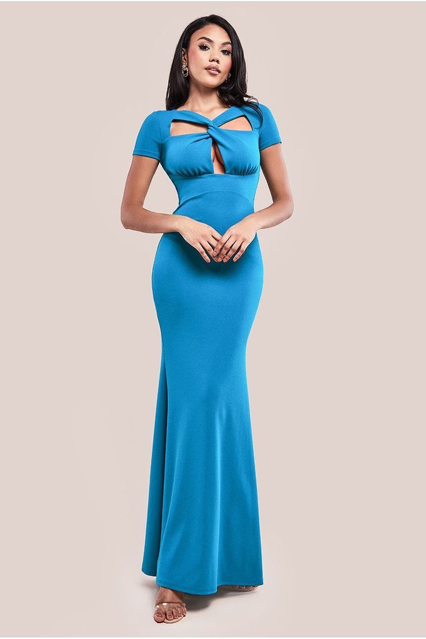 Scuba Crepe Twist Cutout Maxi Dress - Teal Blue DR4374