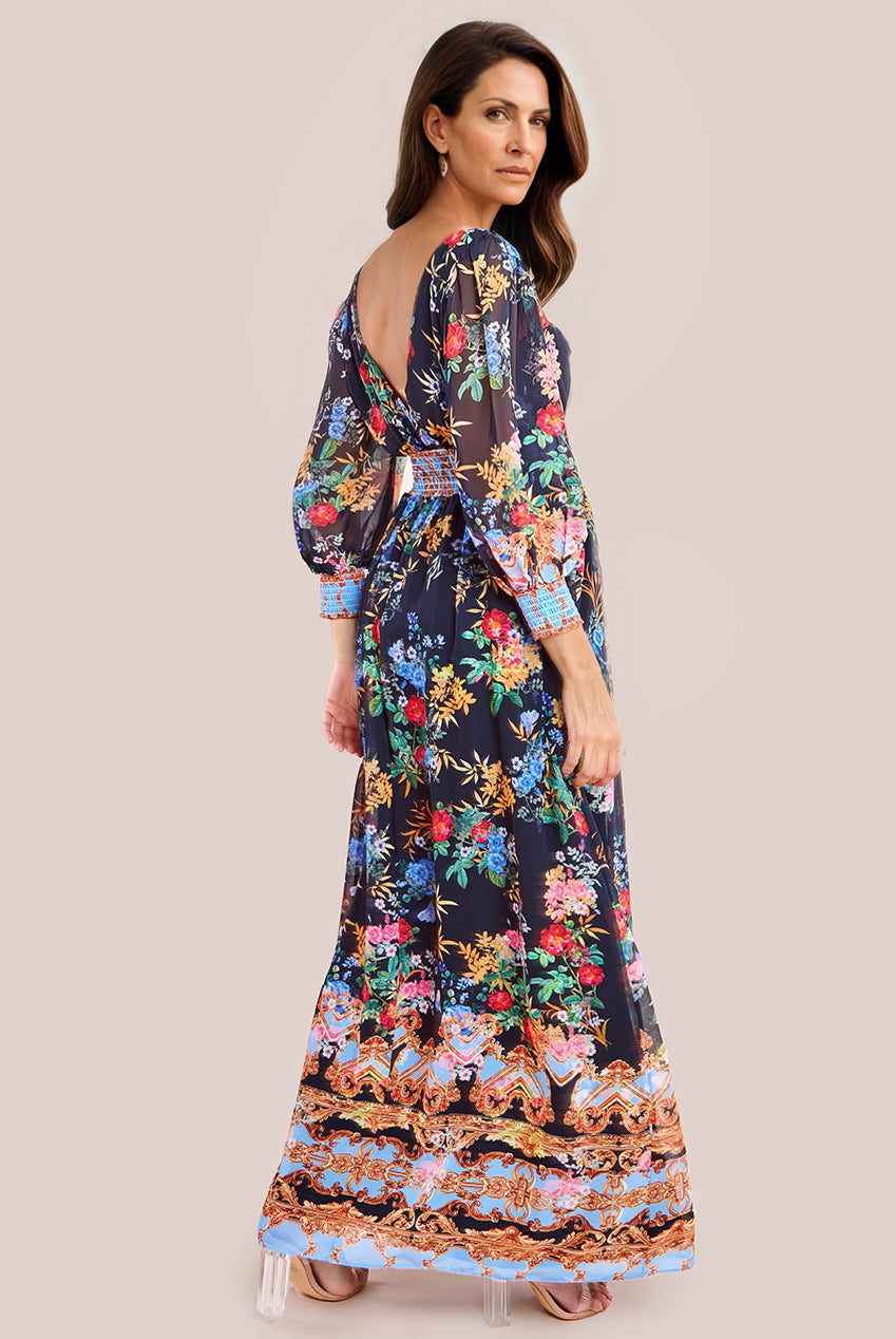 Chiffon Wrap Border Floral Print Maxi Dress - Black DR4394M