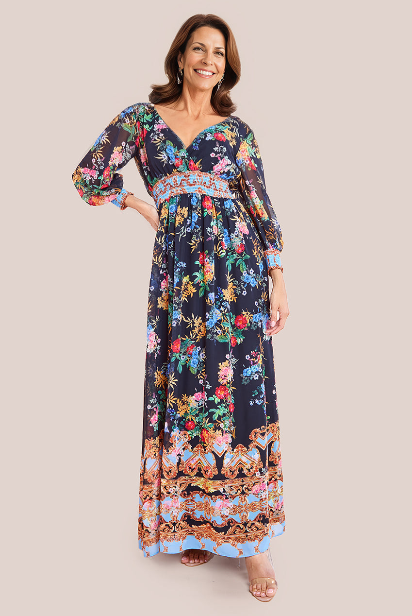 Chiffon Wrap Border Floral Print Maxi Dress - Black DR4394M