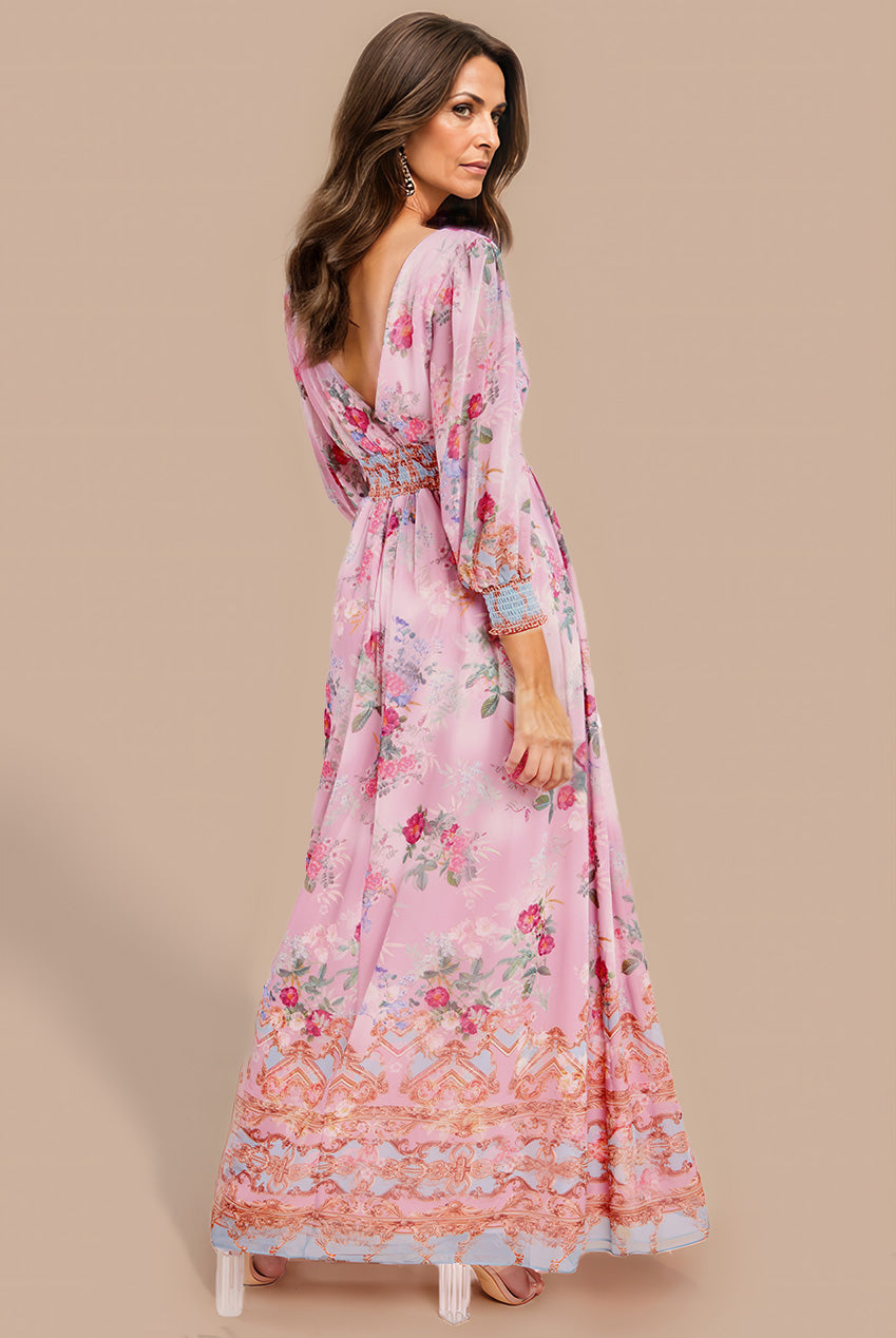 Chiffon Wrap Border Floral Print Maxi Dress - Pink DR4394M