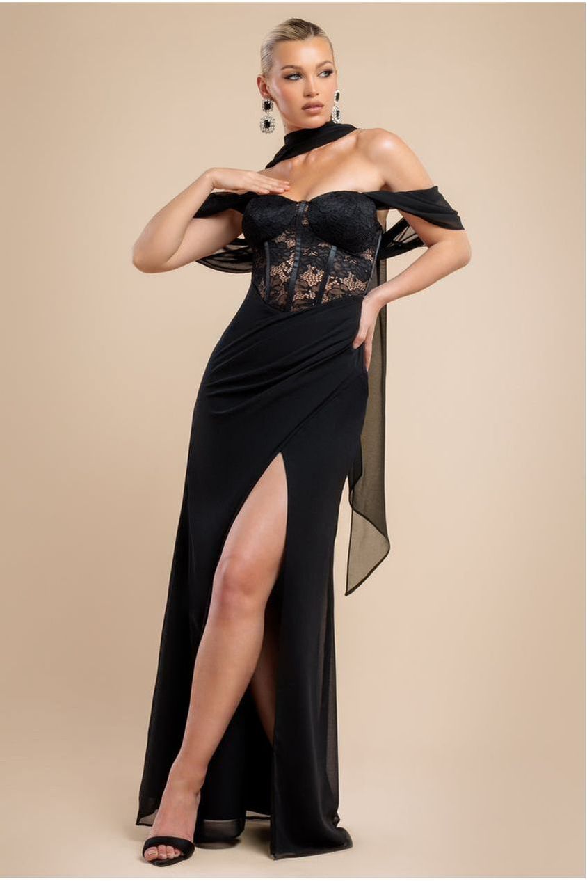 Scalloped Lace & Chiffon Winged Corset Bodice Maxi Dress - Black DR4397