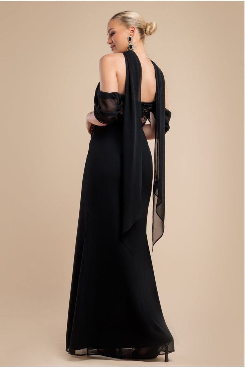 Scalloped Lace & Chiffon Winged Corset Bodice Maxi Dress - Black DR4397