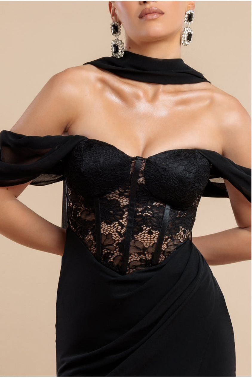 Scalloped Lace & Chiffon Winged Corset Bodice Maxi Dress - Black DR4397