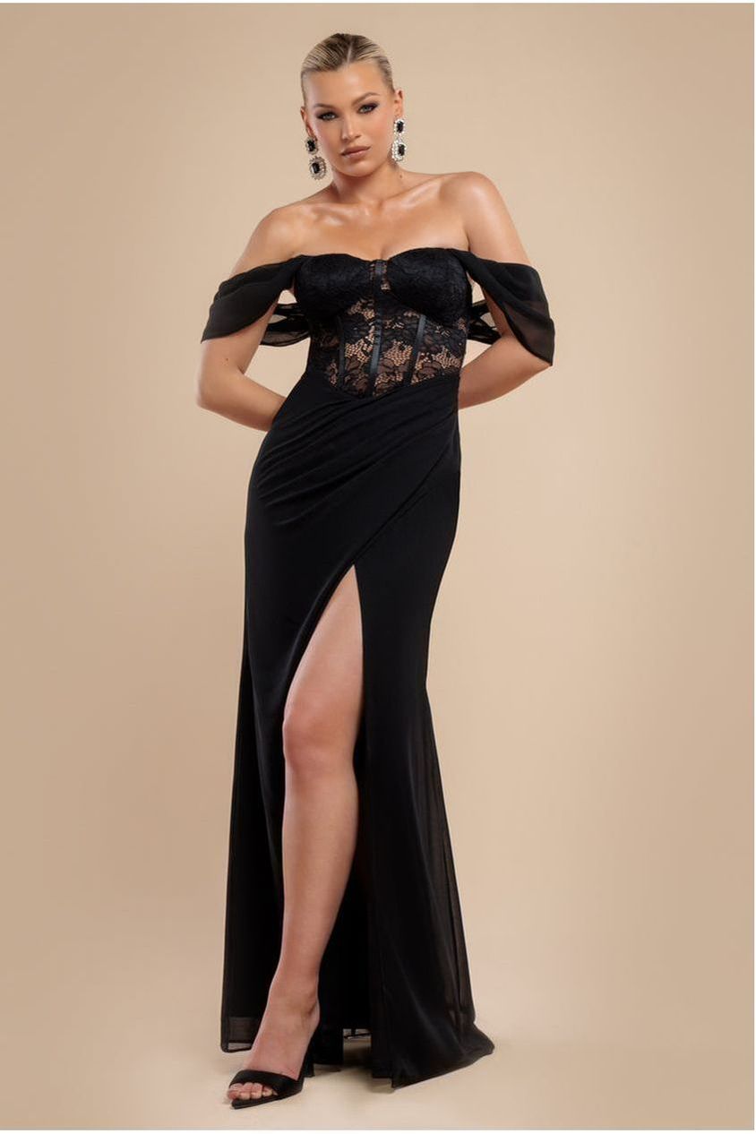 Scalloped Lace & Chiffon Winged Corset Bodice Maxi Dress - Black DR4397