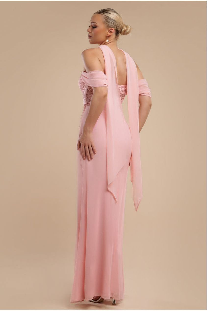 Scalloped Lace & Chiffon Winged Corset Bodice Maxi Dress - Blush Pink DR4397