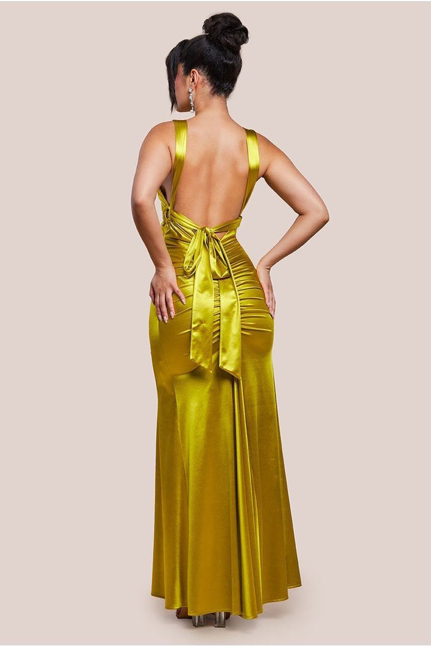 Multi-Tied Satin Gathered Ring Maxi Dress - Lime Green DR4417