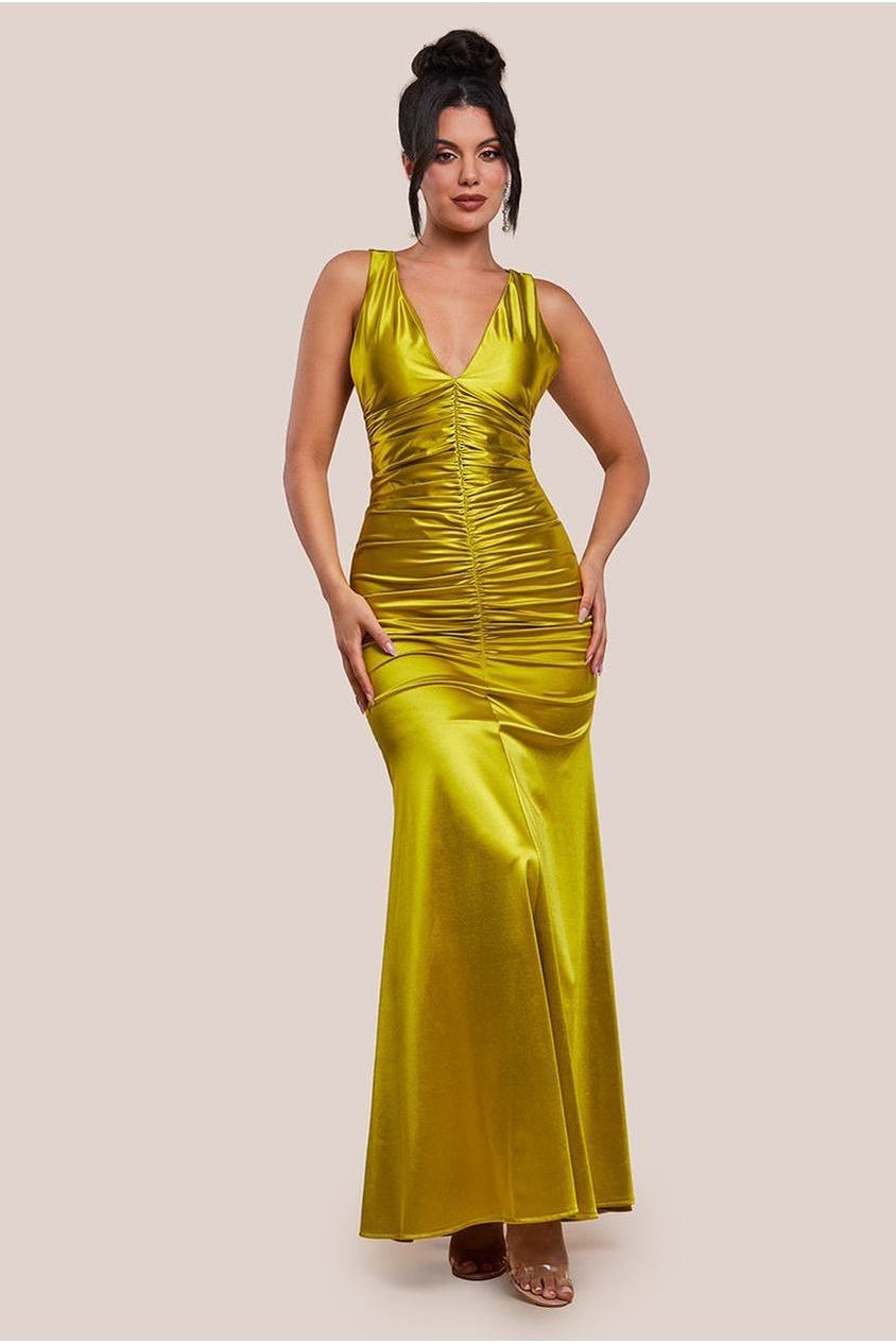 Multi-Tied Satin Gathered Ring Maxi Dress - Lime Green DR4417