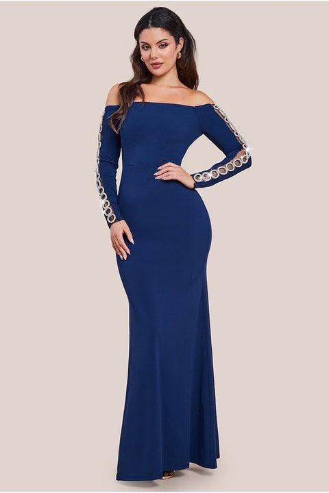 Embellished Diamante Sleeve Bardot Maxi Dress - Navy by Goddiva