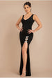 Diamante Brooch Thigh Split Mermaid Maxi Dress - Black by Goddiva