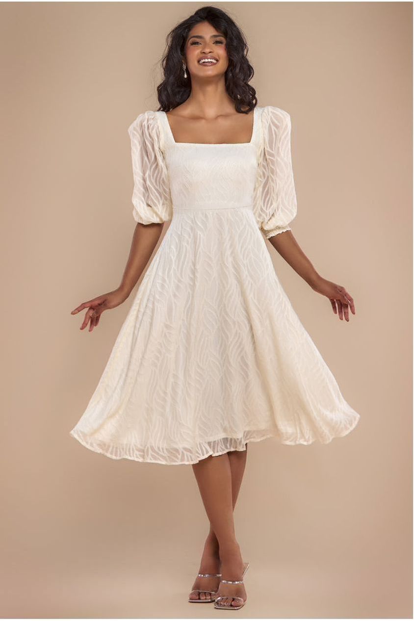 Puff Sleeve Side Slit Flared Jacquard Chiffon Midi Dress - Cream DR4447