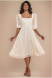 Puff Sleeve Side Slit Flared Jacquard Chiffon Midi Dress - Cream by Goddiva