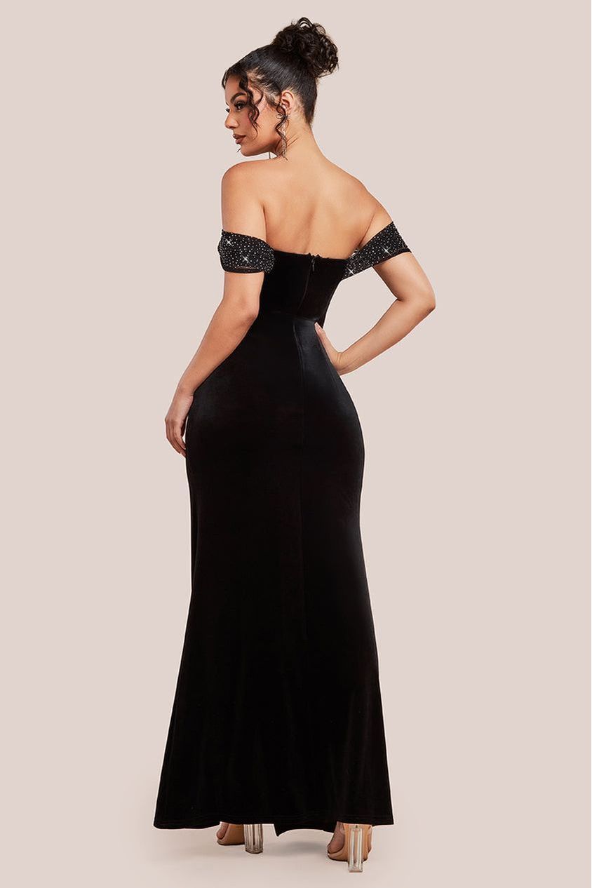 Off Shoulder Hotfix Diamante Wing Velvet Maxi Dress - Black DR4484
