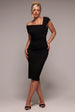 Scuba Crepe Pleated Drop Shoulder Midi Dress - Black by Goddiva