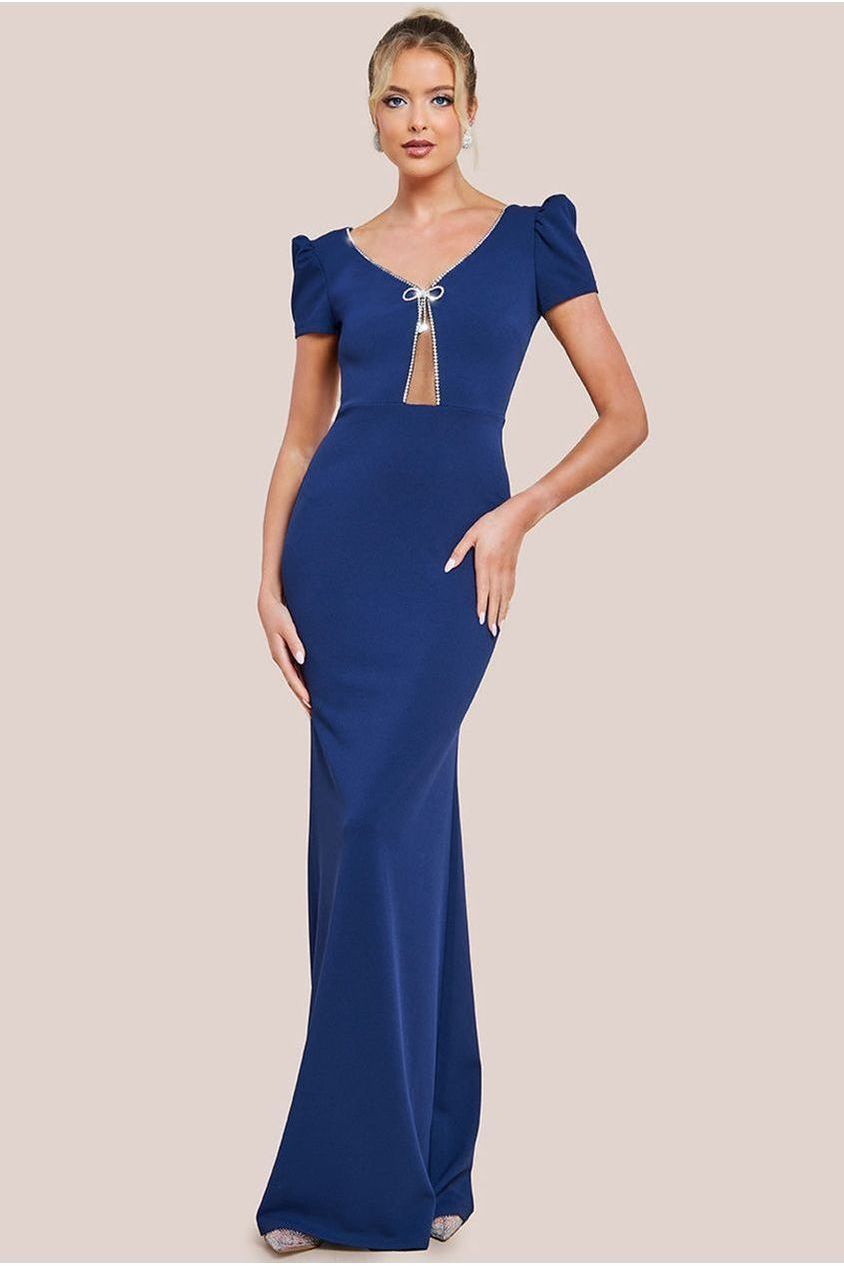 Diamante Embellished Bow Scuba Crepe Maxi Dress - Navy DR4493