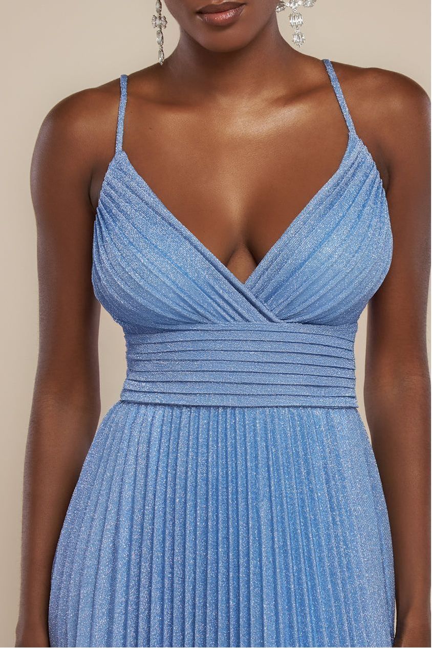 Sleeveless Pleated A Line Lurex Maxi Dress - Blue DR4494
