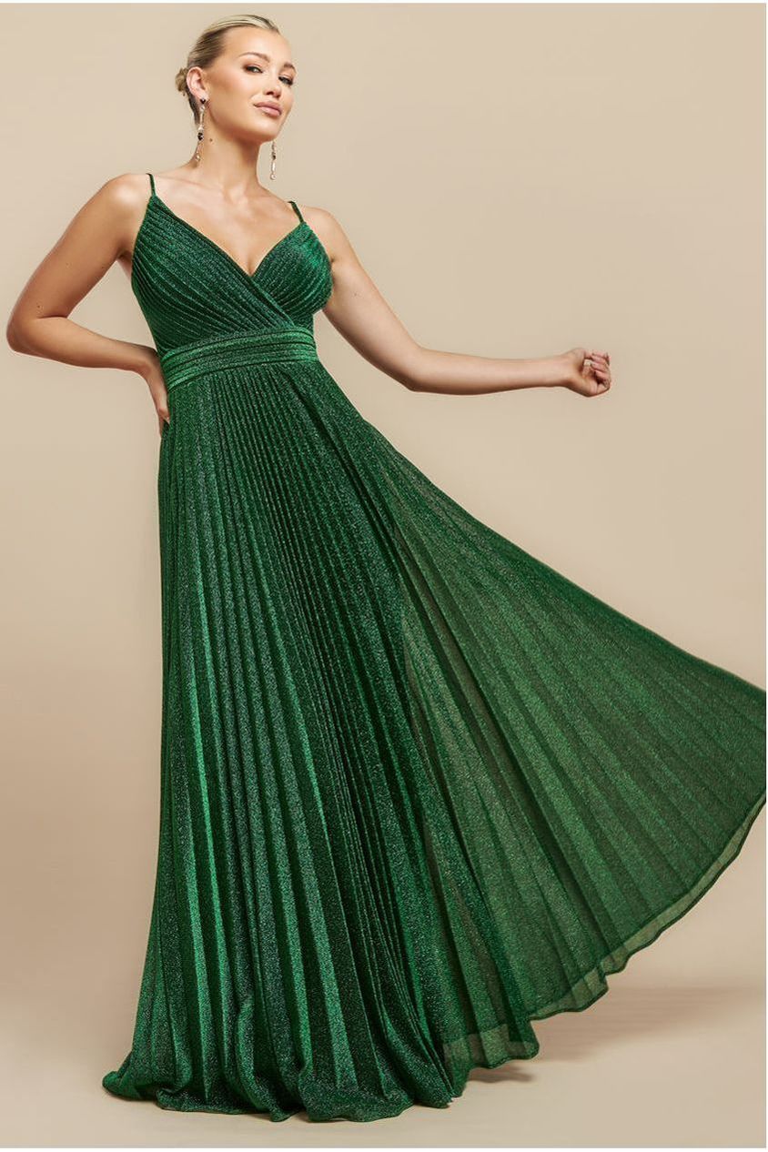 Sleeveless Pleated A Line Lurex Maxi Dress - Emerald Green DR4494