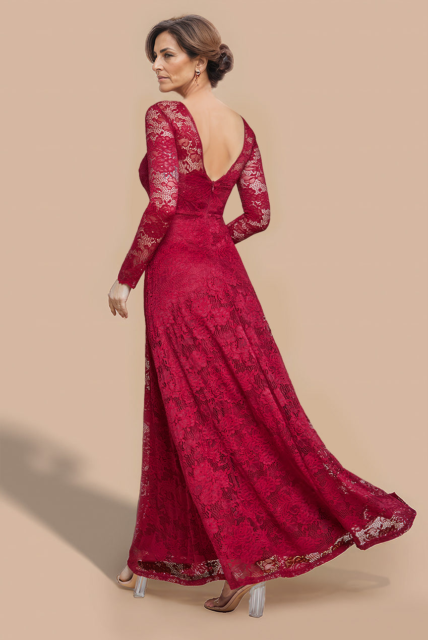 Scalloped Lace A-Line Maxi Dress - Wine DR4496M