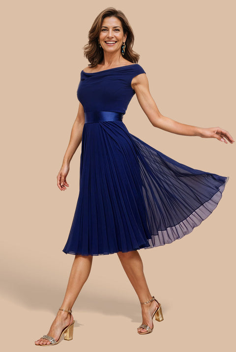 Cowl Neck Pleated A-Line Chiffon Midi Dress - Navy Blue by Goddiva