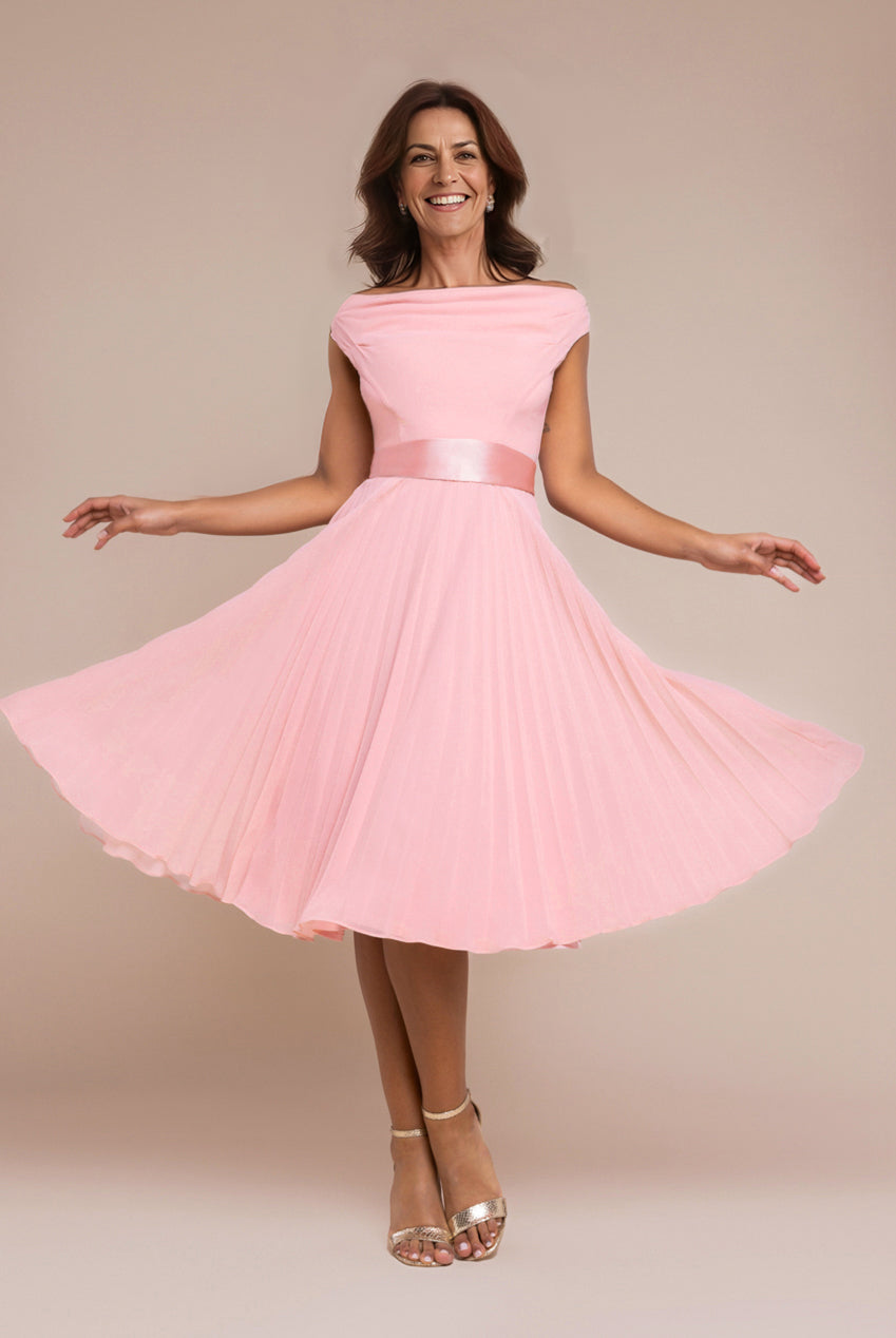 Cowl Neck Pleated A-Line Chiffon Midi Dress - Blush Pink DR4501M