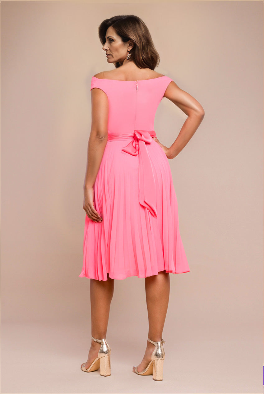 Cowl Neck Pleated A-Line Chiffon Midi Dress - Coral DR4501M