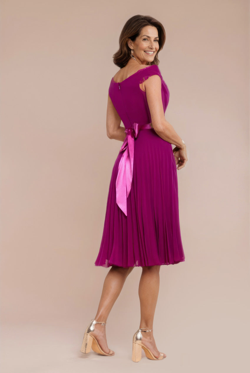 Cowl Neck Pleated A-Line Chiffon Midi Dress - Magenta DR4501M