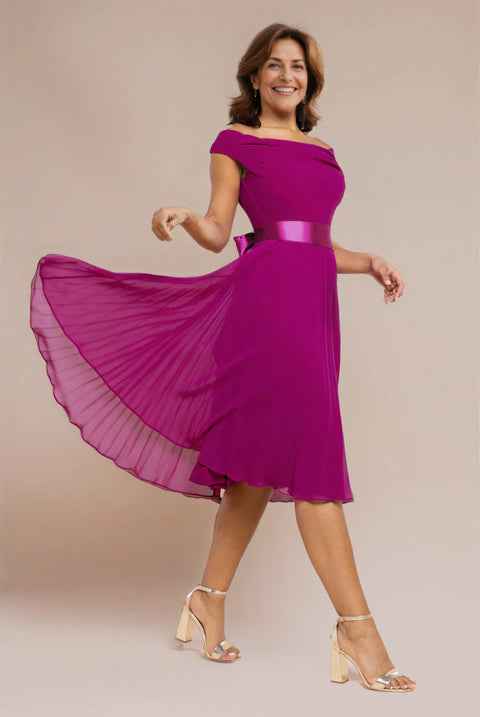 Cowl Neck Pleated A-Line Chiffon Midi Dress - Magenta by Goddiva