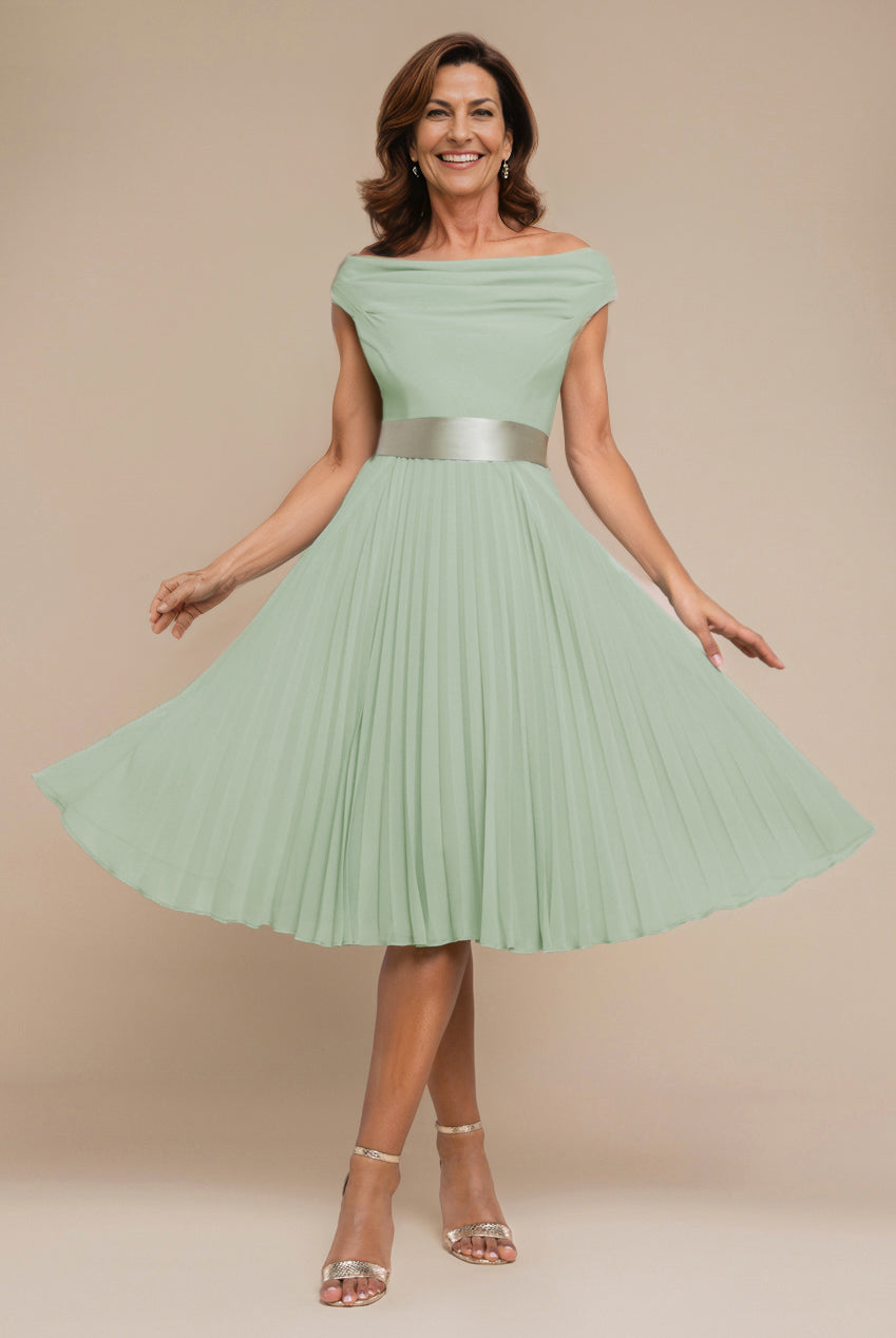 Cowl Neck Pleated A-Line Chiffon Midi Dress - Sage Green DR4501M
