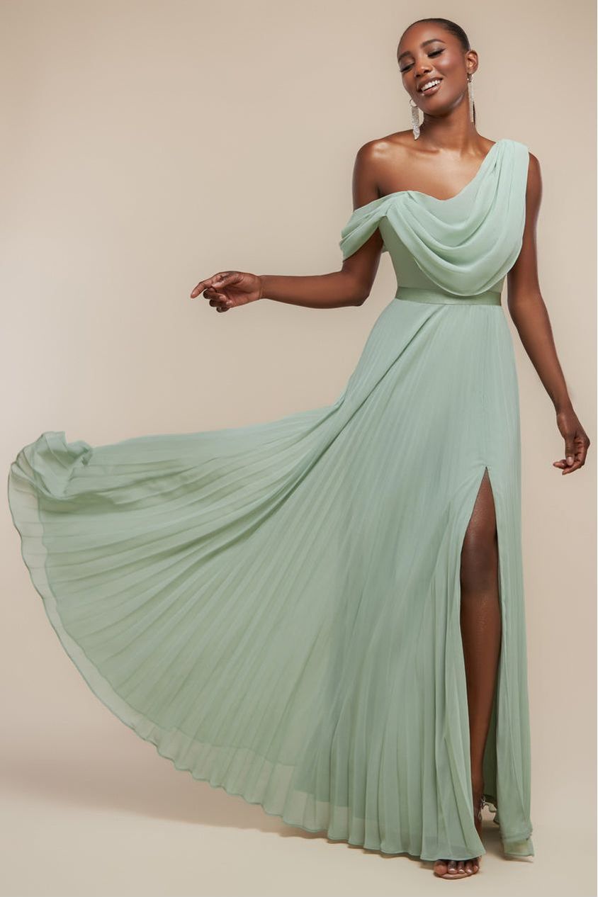 Cowl Neck One Shoulder A Line Chiffon Maxi Dress - Sage Green DR4506