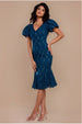Sequin Lace Puff Sleeve Fit & Flare Midi Dress - Teal Blue by Goddiva