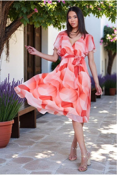 Printed Flutter Sleeve Chiffon Midi Dress - Coral by Goddiva