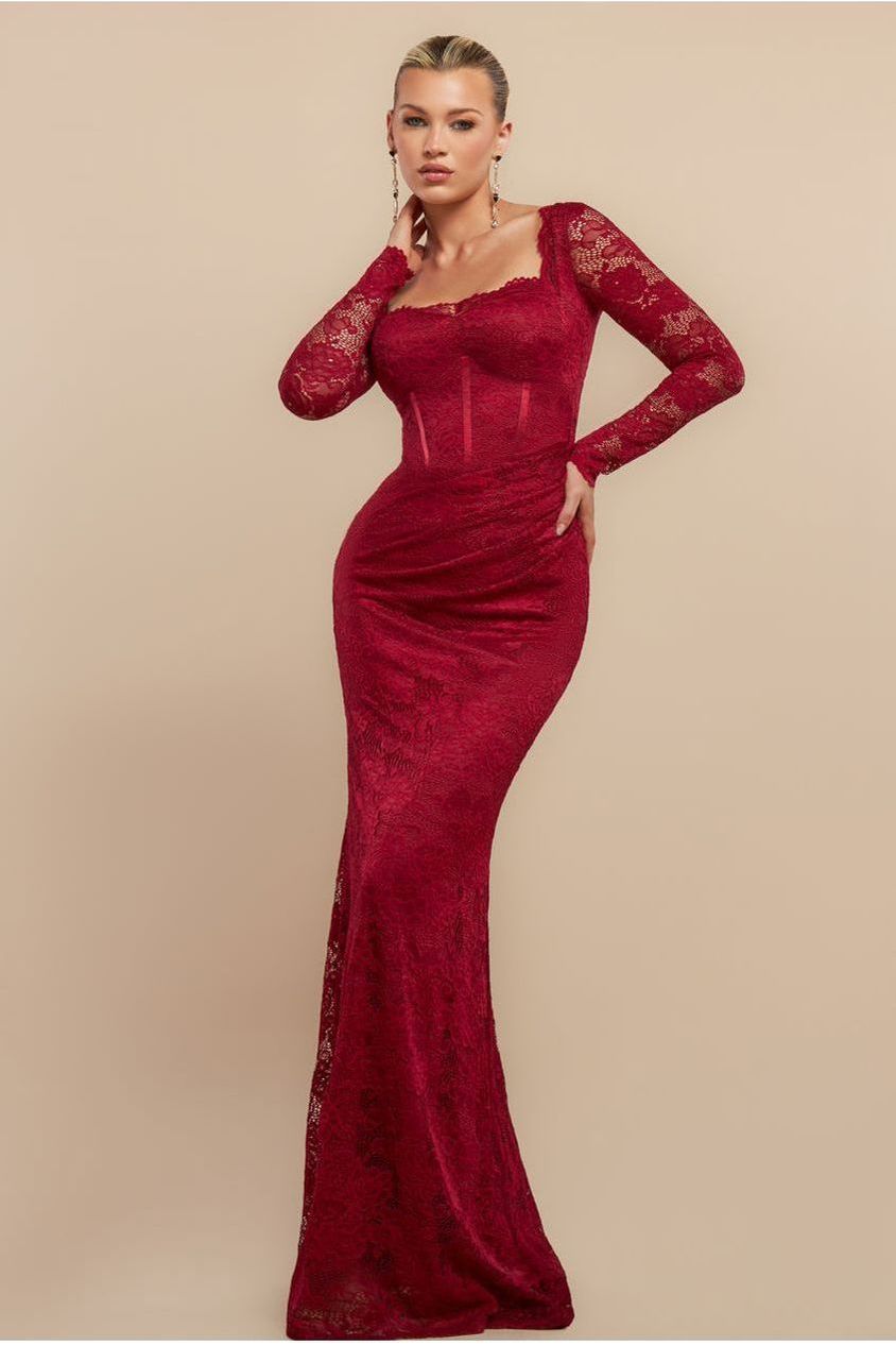 Scalloped Lace Corset Bodice Maxi Dress - Wine DR4519