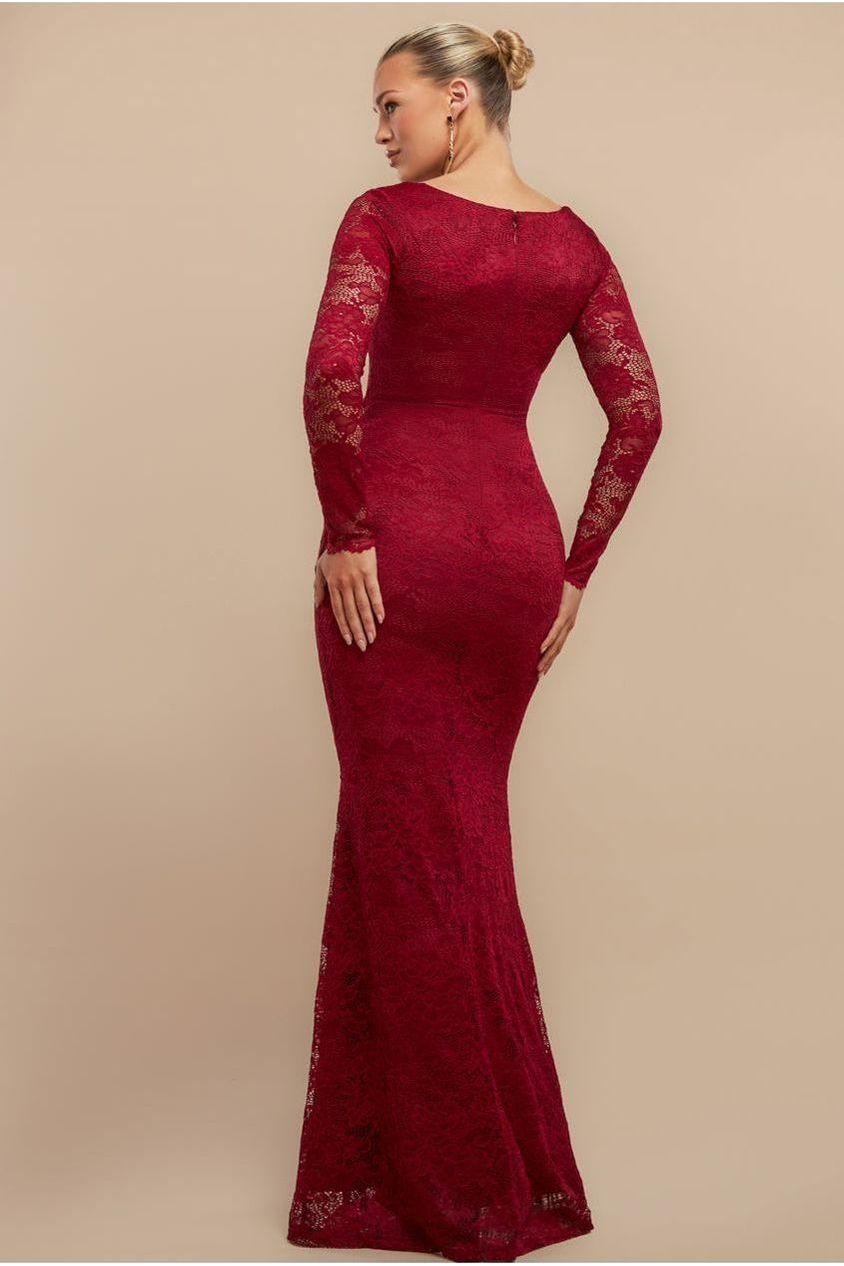 Scalloped Lace Corset Bodice Maxi Dress - Wine DR4519