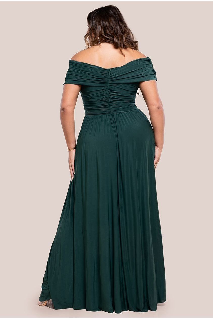 Gathered Bardot Bodice Front Split Maxi Dress - Emerald Green DR4524PLUS