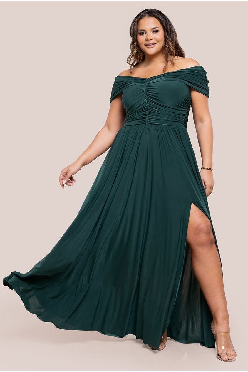 Gathered Bardot Bodice Front Split Maxi Dress - Emerald Green DR4524PLUS