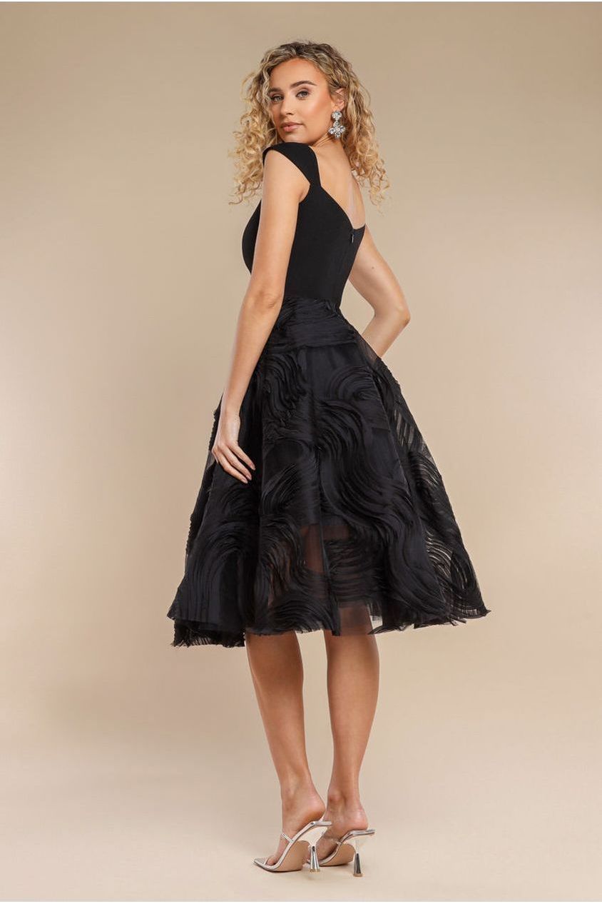 Scuba & Textured Chiffon A Line Midi Dress - Black DR4549