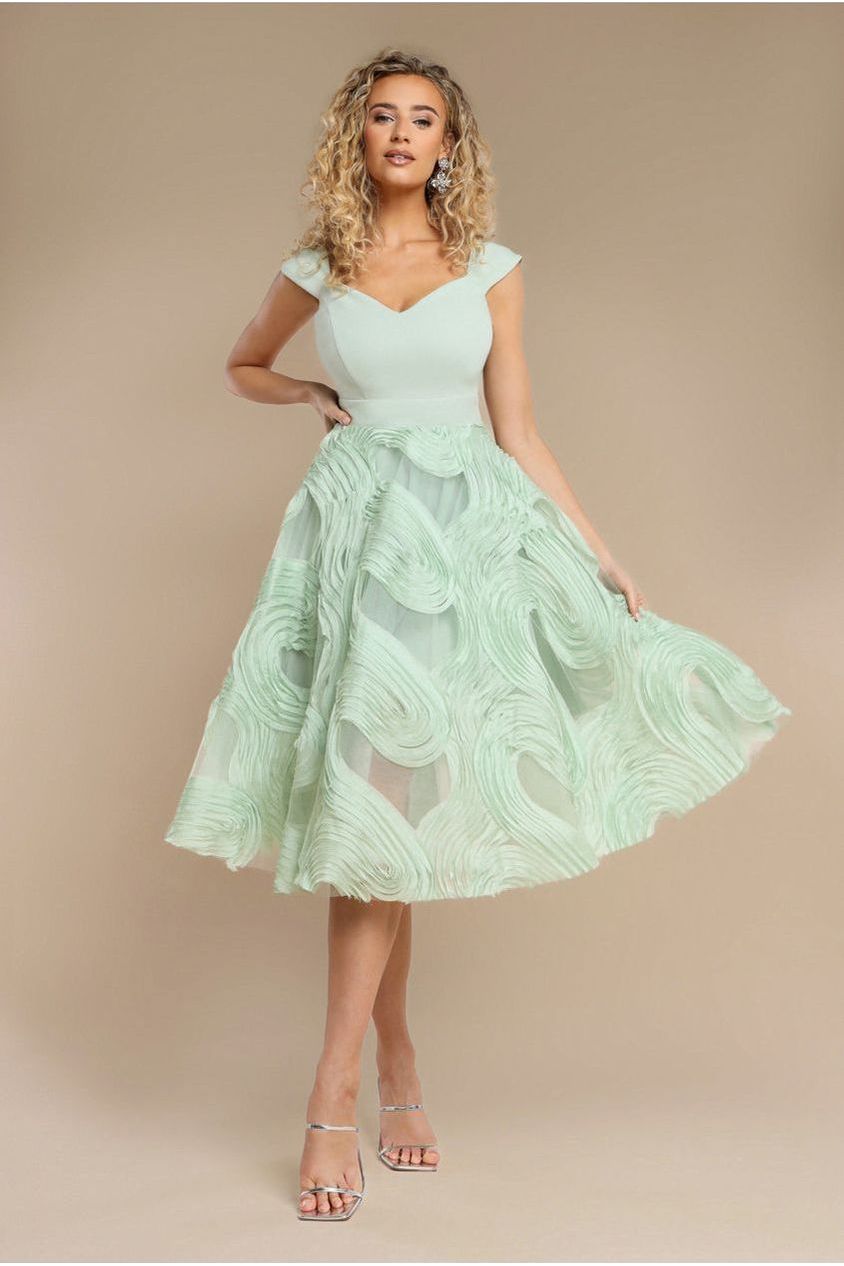 Scuba & Textured Chiffon A Line Midi Dress - Sage Green DR4549