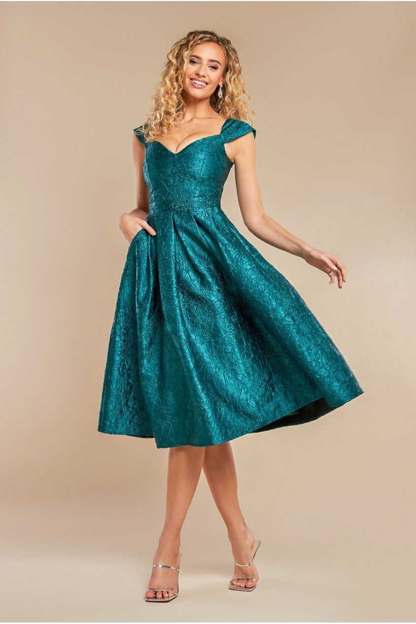Crushed Satin Sleeveless A Line Midi Dress - Emerald Green DR4551
