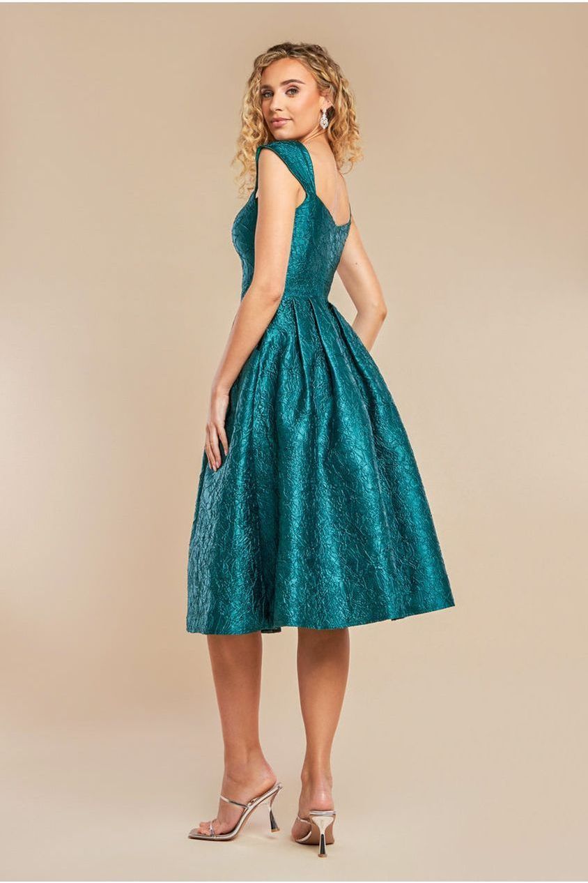 Crushed Satin Sleeveless A Line Midi Dress - Emerald Green DR4551