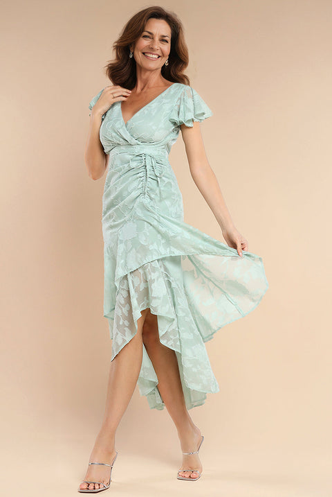 Jacquard Chiffon Wrap High Low Midaxi Dress - SageGreen by Goddiva