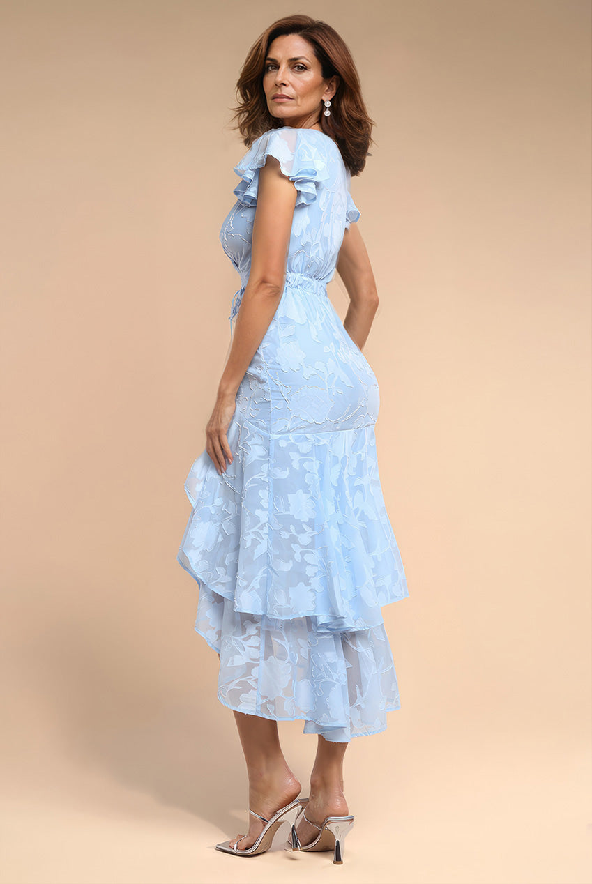 Jacquard Chiffon Wrap High Low Midaxi Dress - Blue DR4552M
