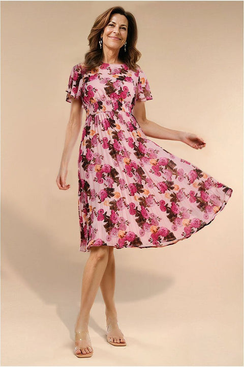Flutter Sleeve Pleated Skirt Floral Midi Dress - Pink by Goddiva