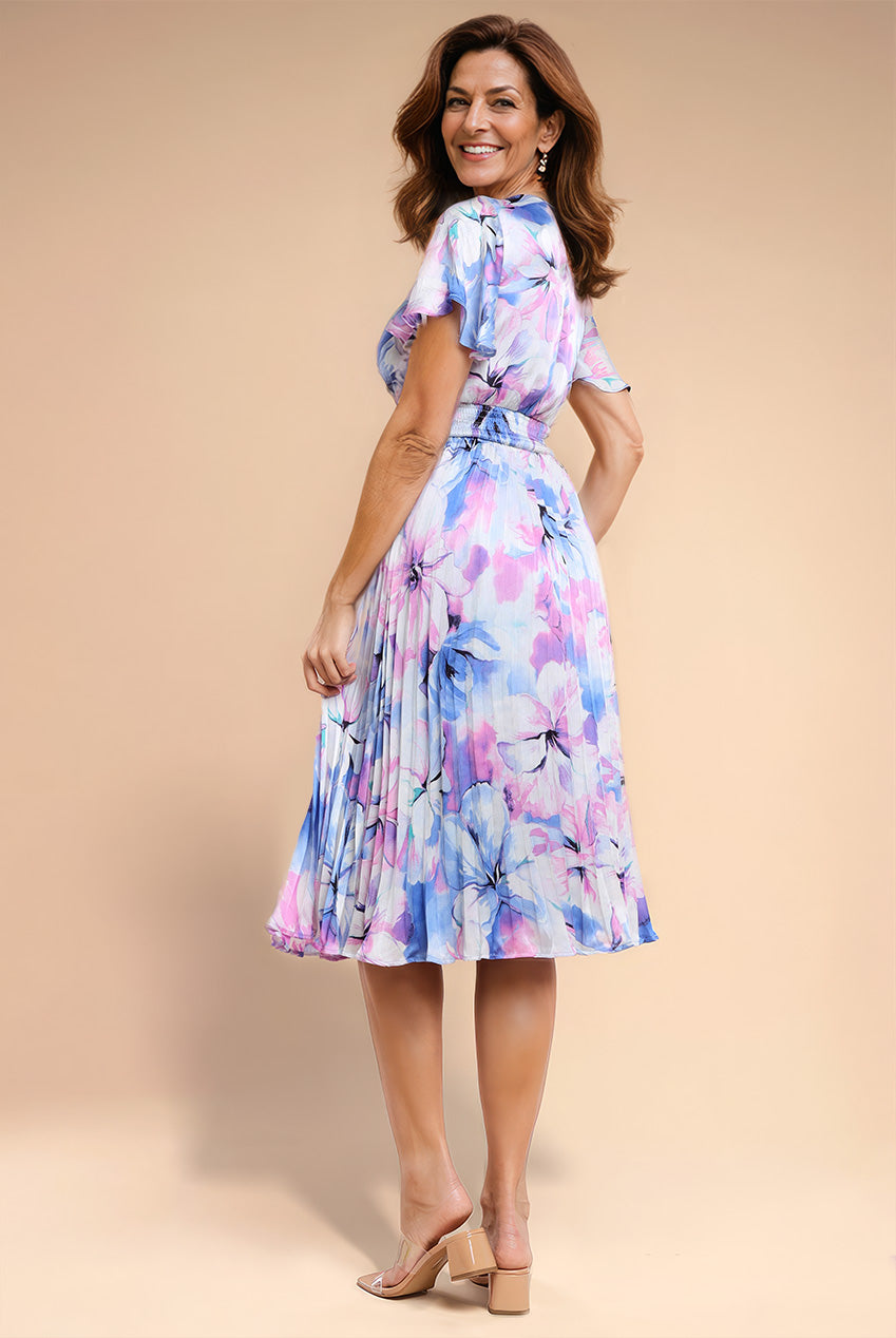 Flutter Sleeve Pleated Skirt Floral Midi Dress - Blue DR4565M