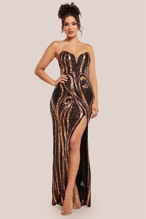 Strapless Multi Sequin Maxi Dress - Bronze by Goddiva