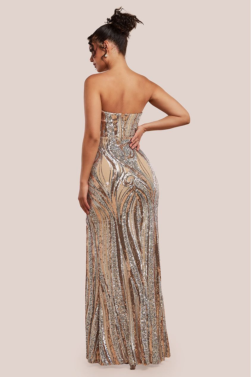 Strapless Multi Sequin Maxi Dress - Champagne DR4566
